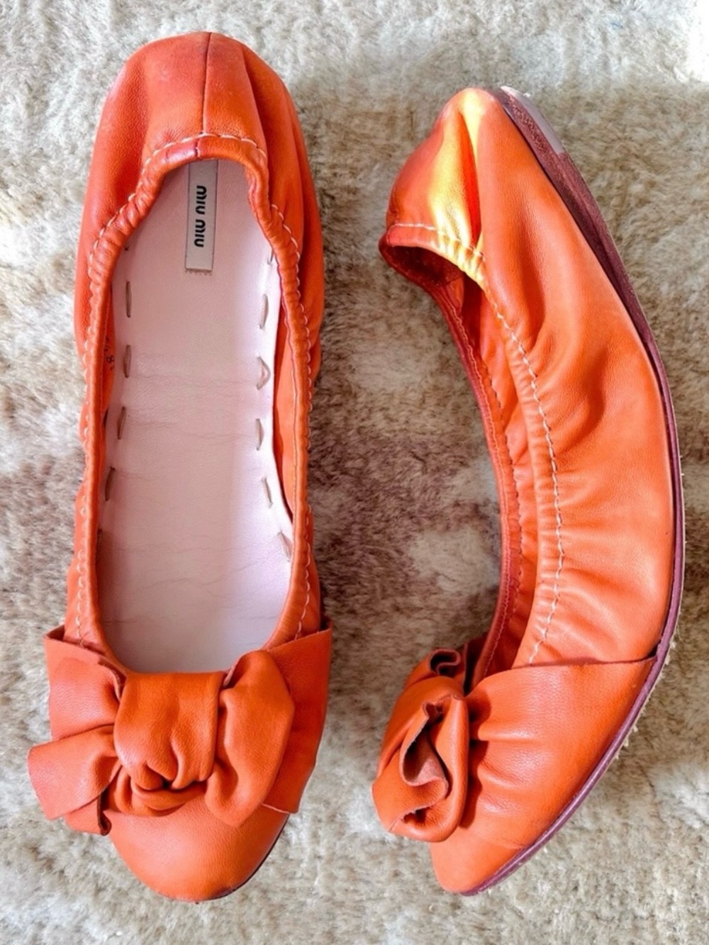Miu Miu Orange Leather Bow-Accent Ballet Flats Size 38.5